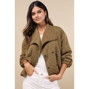 Lulus Layered Charisma Olive Green Collared Quilted Jacket - Size L